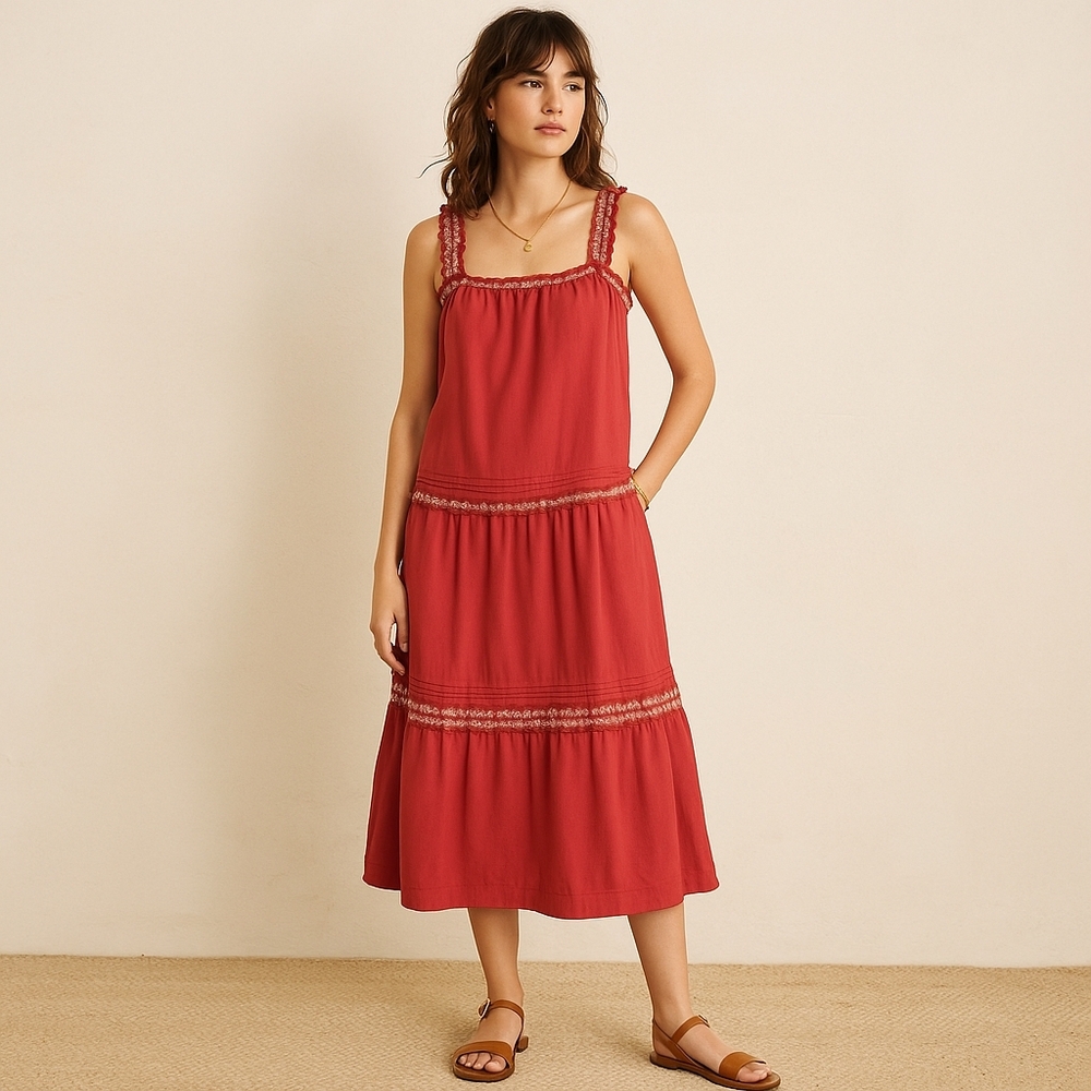 Old Navy Embroidered Herring Red Ruffle Strap Midi Dress Sz L | Boho Cottagecore